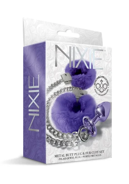 Nixie Metal Butt Plug and Furry Handcuff Set Blue