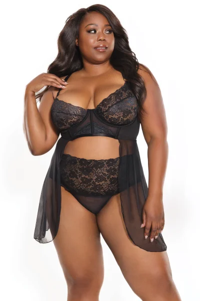 Black Lace & Mesh Babydoll & High-Waisted Thong