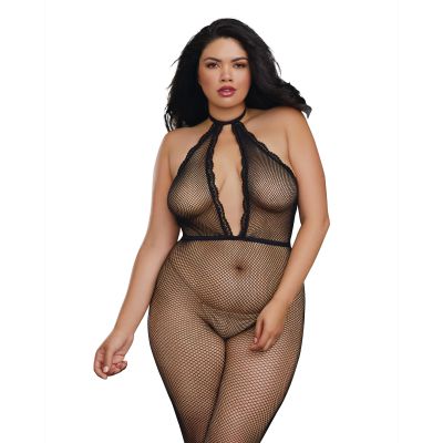 Dreamgirl One Size Black Fishnet Bodystocking with Plunging Halter Neckline