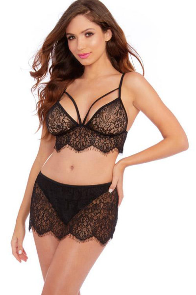 Dreamgirl Fine Form Eyelash Lace Bralette with Skirted Thong