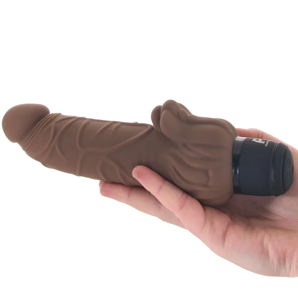 Powercocks Realistic Silicone Waterproof Rechargeable 7" Vibrator With Clitoral Stimulator - Chocolate