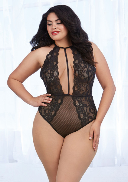 Queen Size Stretch Lace and Mesh Teddy - Black - Just Sexy Lingerie
