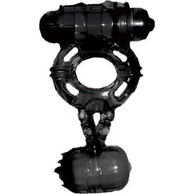 The Macho Stallions Double Cock And Ball Ring With Clitoral Tickler Silicone Waterproof Black