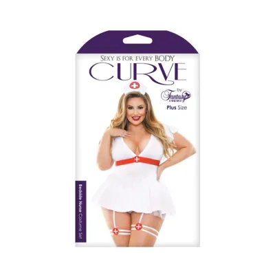 Curve Bedside Nurse Costume Set Dress With Tie Back Gartered Panty And Medic Hat White 3x 4x