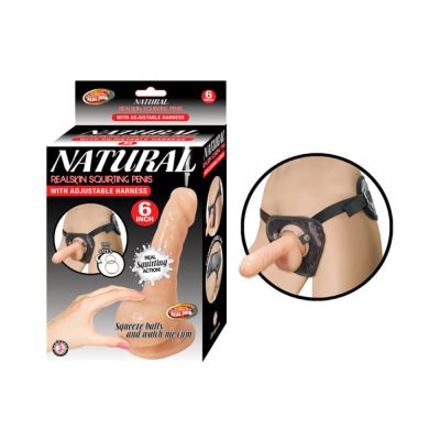 Natural Realskin Squirting Penis W adjustable Harness 6in Flesh