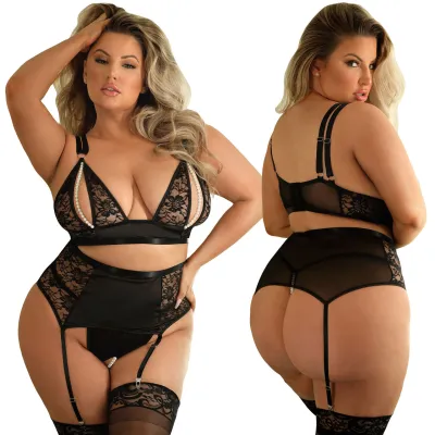 Tease Blaire Bralette Garter Belt Crotchless Pearl Panty by Fantasy Lingerie 1X 2X