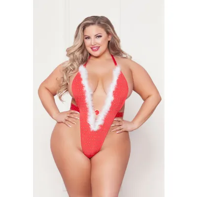 Rhinestone Studded Mesh Teddy With Marabou Trim Queen Red
