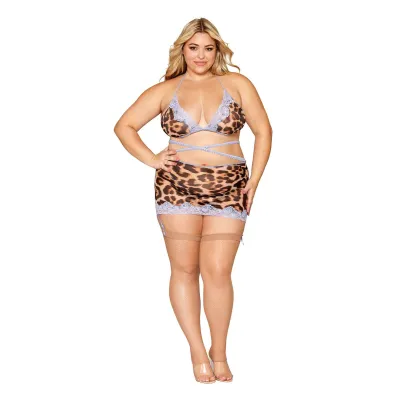Leopard Bralette With Garter Skirt and G String Queen Size Leopard