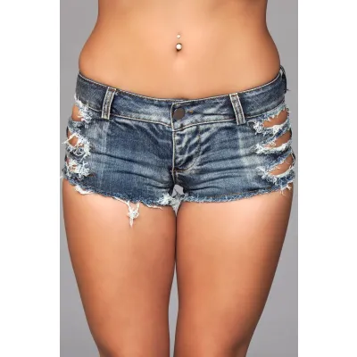 Medium Wash Denim Shorts With Distressed Details on Front and Back Pockets Large