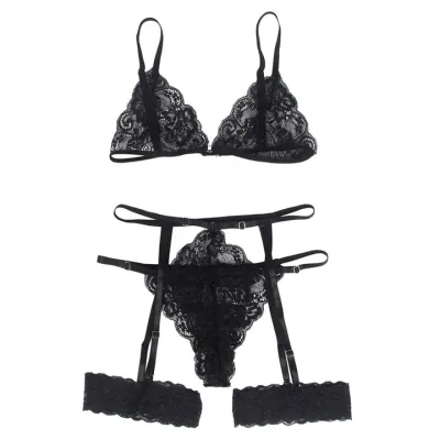 Bondara Flirt Bewitch Black Lace Bralette Thong Garter Belt