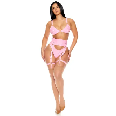 Forplay Shine On 3 Piece Pink Vinyl Bra Set with Garter Belt Panty