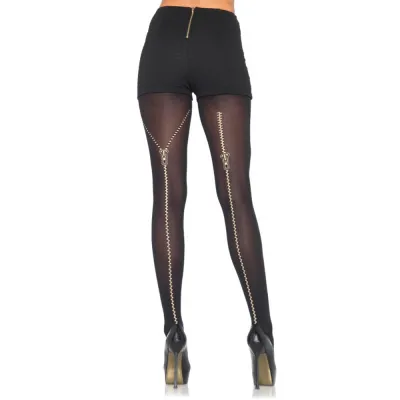 Metallic Zipper Print Pantyhose O S Black