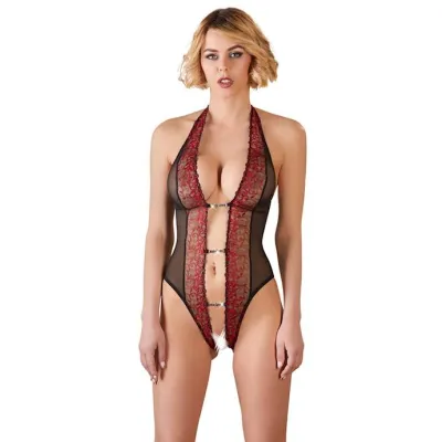Crotchless Bodysuit With Rhinestones Black red Small