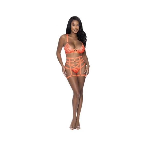 Women's Lingerie: Magic Silk Rude Awakening Bralette, Thigh High Garter & Cheeky Panty Set Neon Orange S/m