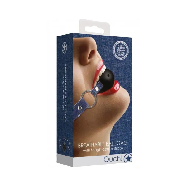 Ouch! Silicone Ball Gag - With Roughened Denim Straps - Blue