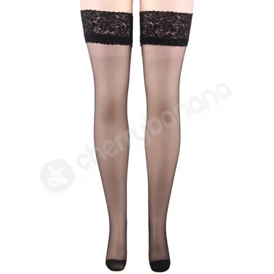 Cherry Banana Black Non Slip Floral Lace Top Sheer Stockings