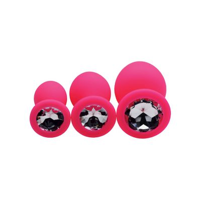 Pink Pleasure 3 Piece Silicone Anal Plugs With Gems Pink 4 Inch