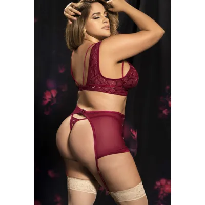 Shine On Burgundy Floral Lace Mesh Bra with Garter Belt Thong By Mapale by Espiral