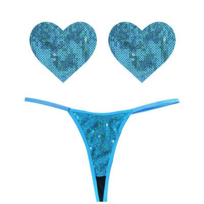 Mahi Mahi Blue Sequin G String Heart Pastie Set OS