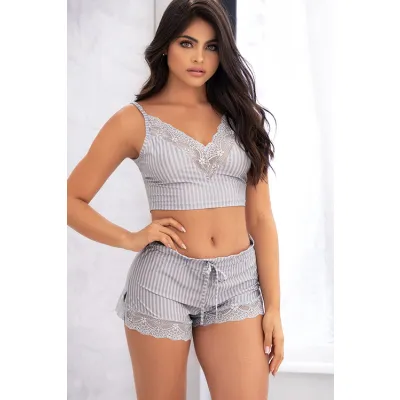 True Stripes Cropped Camisole with Lace Trim Short By Mapale by Espiral