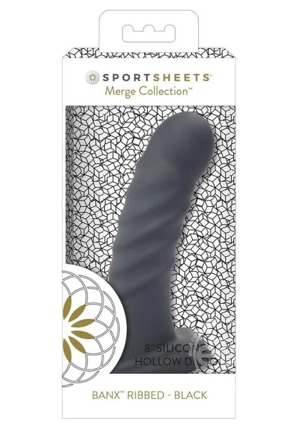 Merge Collection Banx 8" Silicone Ribbed Hollow Dildo By Sportsheets - Black