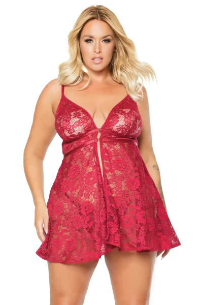 Plus Size Deep Red Floral Lace Babydoll & Matching Thong