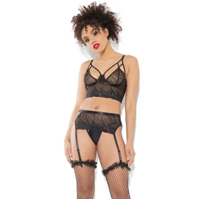 Longline Wetlook Flame Bra Garter Belt G String Set