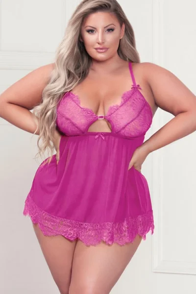Seven Til Midnight Eyelash Kisses Fuchsia Lace & Mesh Babydoll with Panty