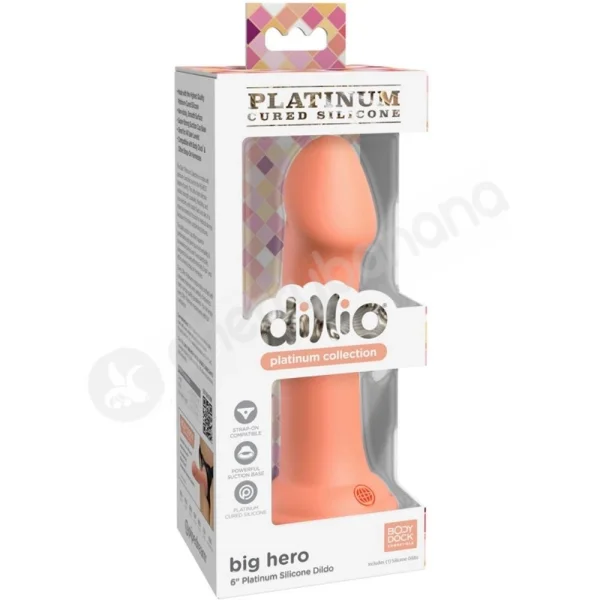 Dillio Platinum Big Hero 6" Peach Silicone Dildo With Suction Cup Body Dock Compatible Base