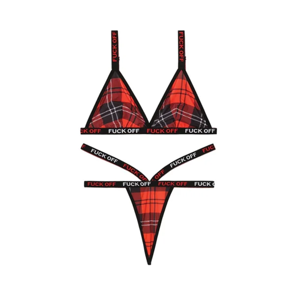 Vibes F*ck Off Bralette & Thong Set Red Plaid L/XL — image 4 of 9