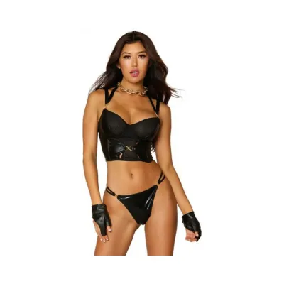 Women s Lingerie Dreamgirl Wetlook Fishnet Strappy Bustier Thong Set Black S