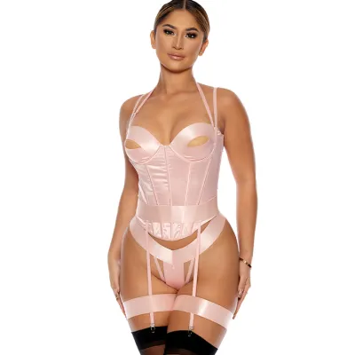 Take A Peek Pink Bustier with Panty Garters Thigh Straps By Forplay