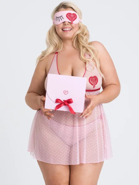 Lovehoney Plus Size Sweet Love Pink Babydoll Set and Eye Mask