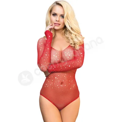 Cherry Banana Red Rhinestone Fishnet Long Sleeve Bodysuit