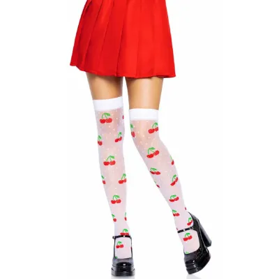 Sheer Polka Dot Cherry Thigh Highs One Size White red