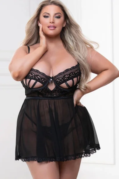 Seven Til Midnight Love Talk Black Geometric Lace & Mesh Babydoll with G-String