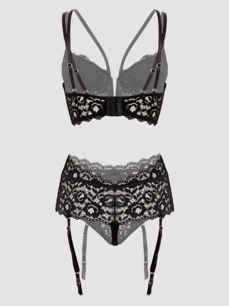 Lovehoney Parisienne Black Lace Plunge Longline Bra Set