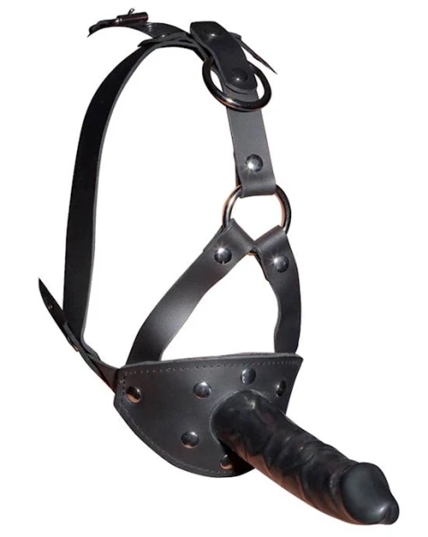 Leather Head Harness With Dildo - Black - 5.1 Inch