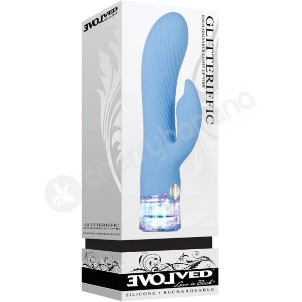 Evolved Glitteriffic Blue Rabbit Vibrator With Swirling Groove Shaft & Glitter Base
