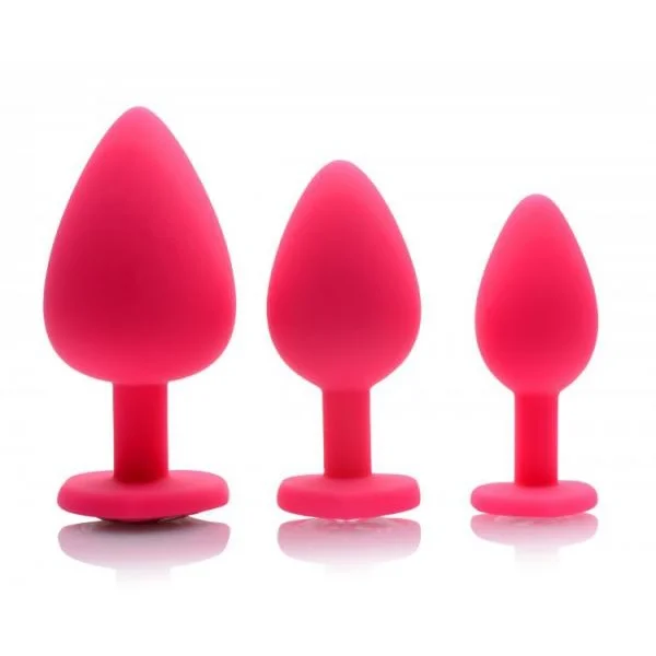 Pink Hearts 3 Piece Silicone Anal Plugs with Gems