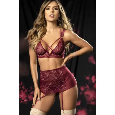 Mapale by Espiral Shine On Burgundy Floral Lace Mesh Bra with Garter Belt Thong