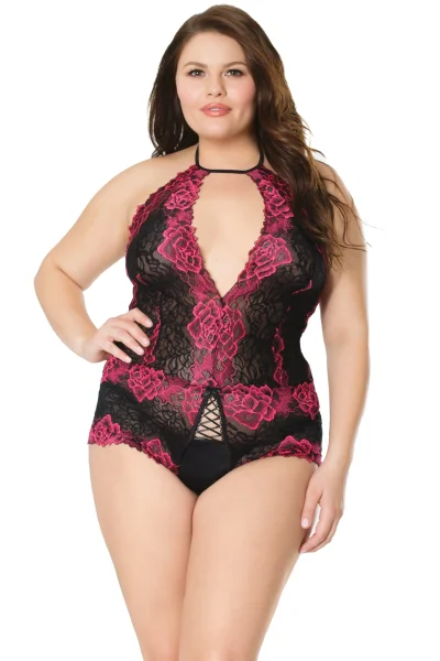 Magenta & Black Floral Lace Open Crotch Teddy — image 5 of 6