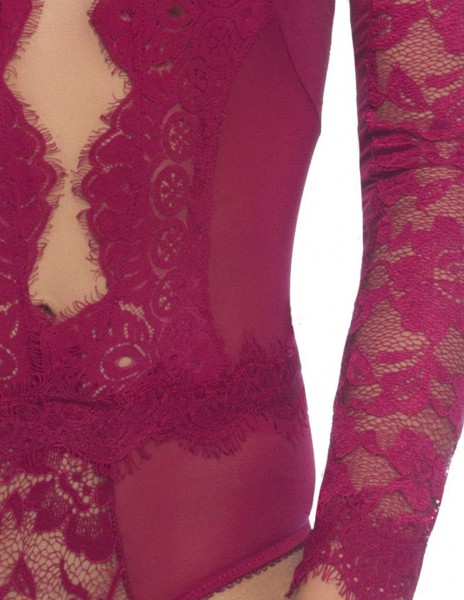 Oh La La Cheri Renata Eyelash Lace Long Sleeve Plunge Teddy