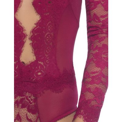 Oh La La Cheri Renata Eyelash Lace Long Sleeve Plunge Teddy