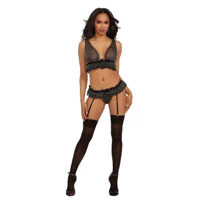 Bralette Garter and G String One Size Metallic Black