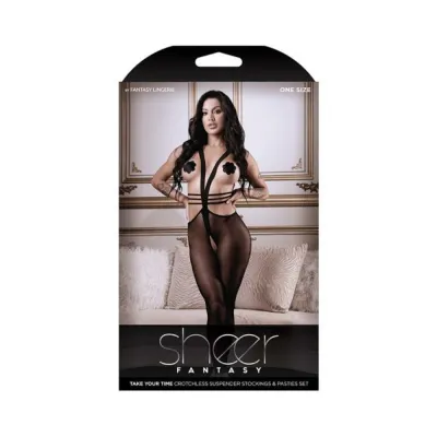 Fantasy Lingerie Sheer Dark Desires Crotchless Suspender Stockings Petal Pasties Set