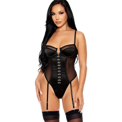 Forplay Hooked On You Black Satin Teddy with Garters