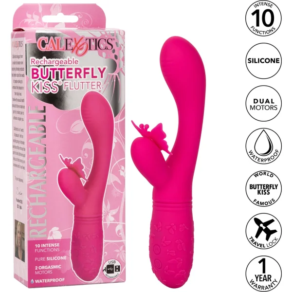 Rechargeable Butterfly Kiss Silicone Flutter Dual Stimulation Vibrator By CalExotics - Pink
