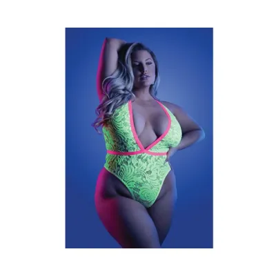 Women s Lingerie Fantasy Lingerie Glow Spotlight Contrast Elastic Lace Teddy With Snap Closure Neon Green Queen Size