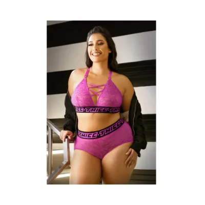 Vibes Thicc Lace Bralette With Criss cross Neckline Booty Short Qs Hot Pink